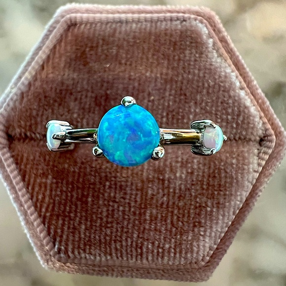New!Blue and white Opal ring stacking set of 2. Set in solid 925 Sterling Silver - Picture 13 of 17